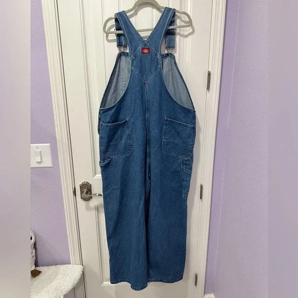 Vintage Dickies Mens 44x30 Spell Out Box Logo Denim Jean Overalls Bibs Blue - Picture 3 of 4